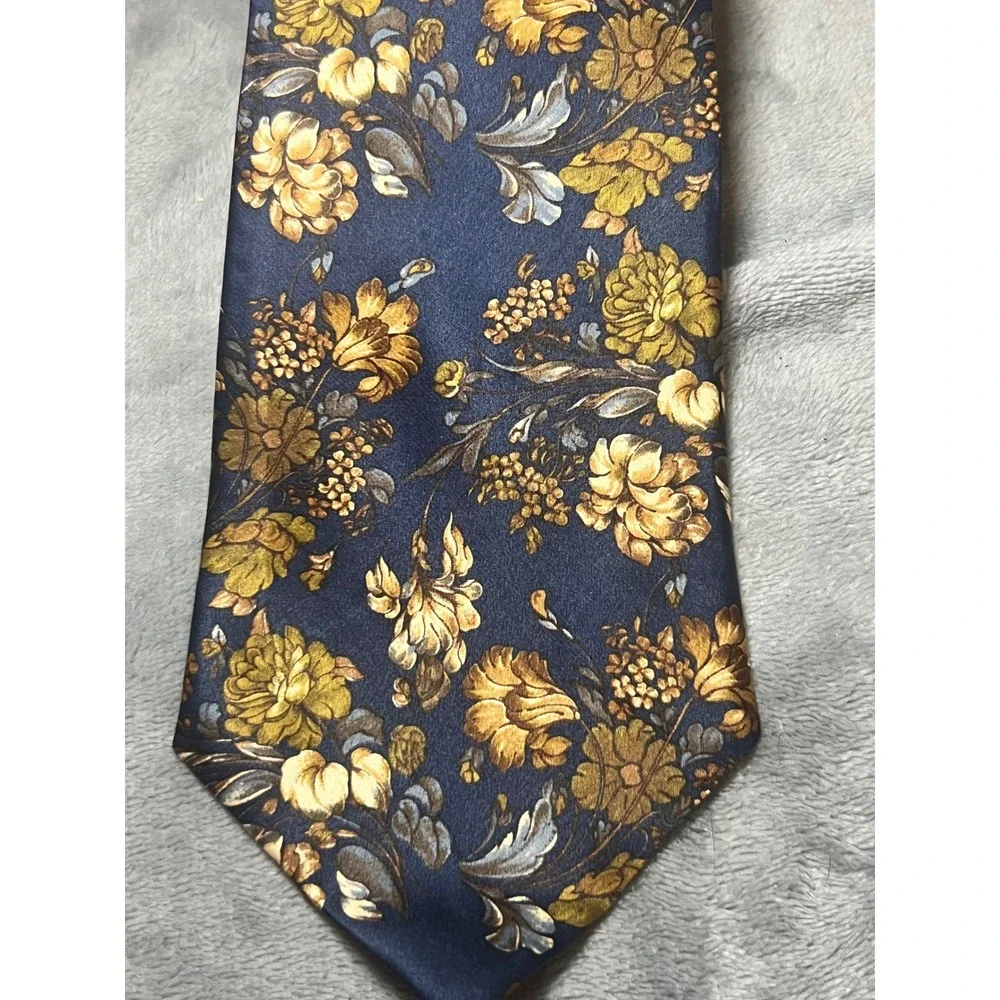 Countess Mara Silk Floral Necktie Navy Gold Blue Italian Made Classic Tie